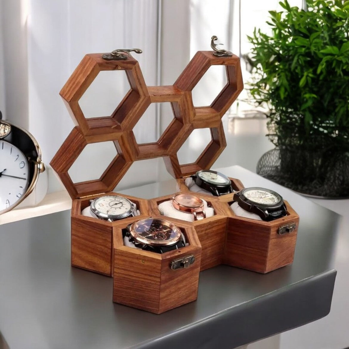 Handcrafted Wooden Honeycomb Design Storage Box for Watches / Spices / Tea Bags