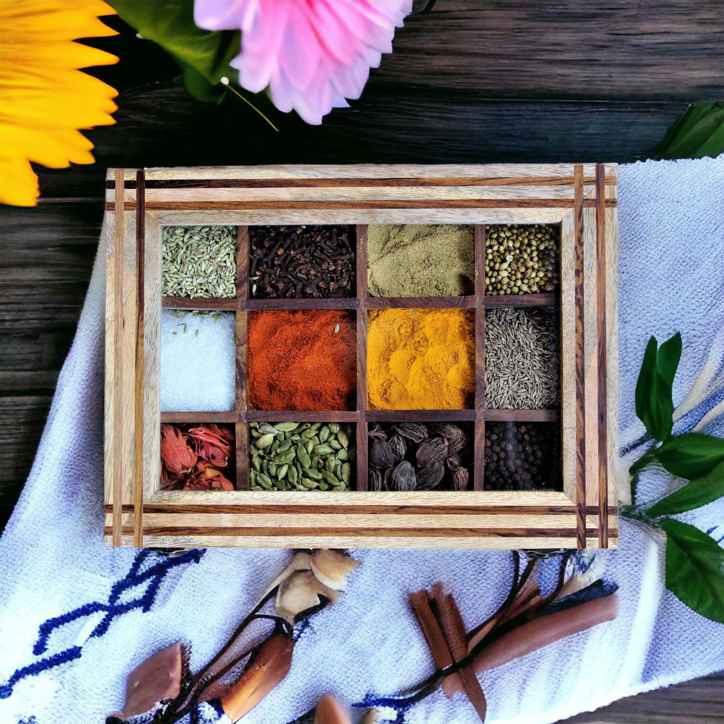 Mango Wood Spice Box with Spoon 1 Box & 1 Spoon