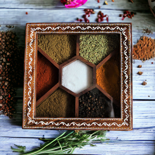 Handcrafted & Aipan Inspired Hand Painted Sheesham Wood Spice Box