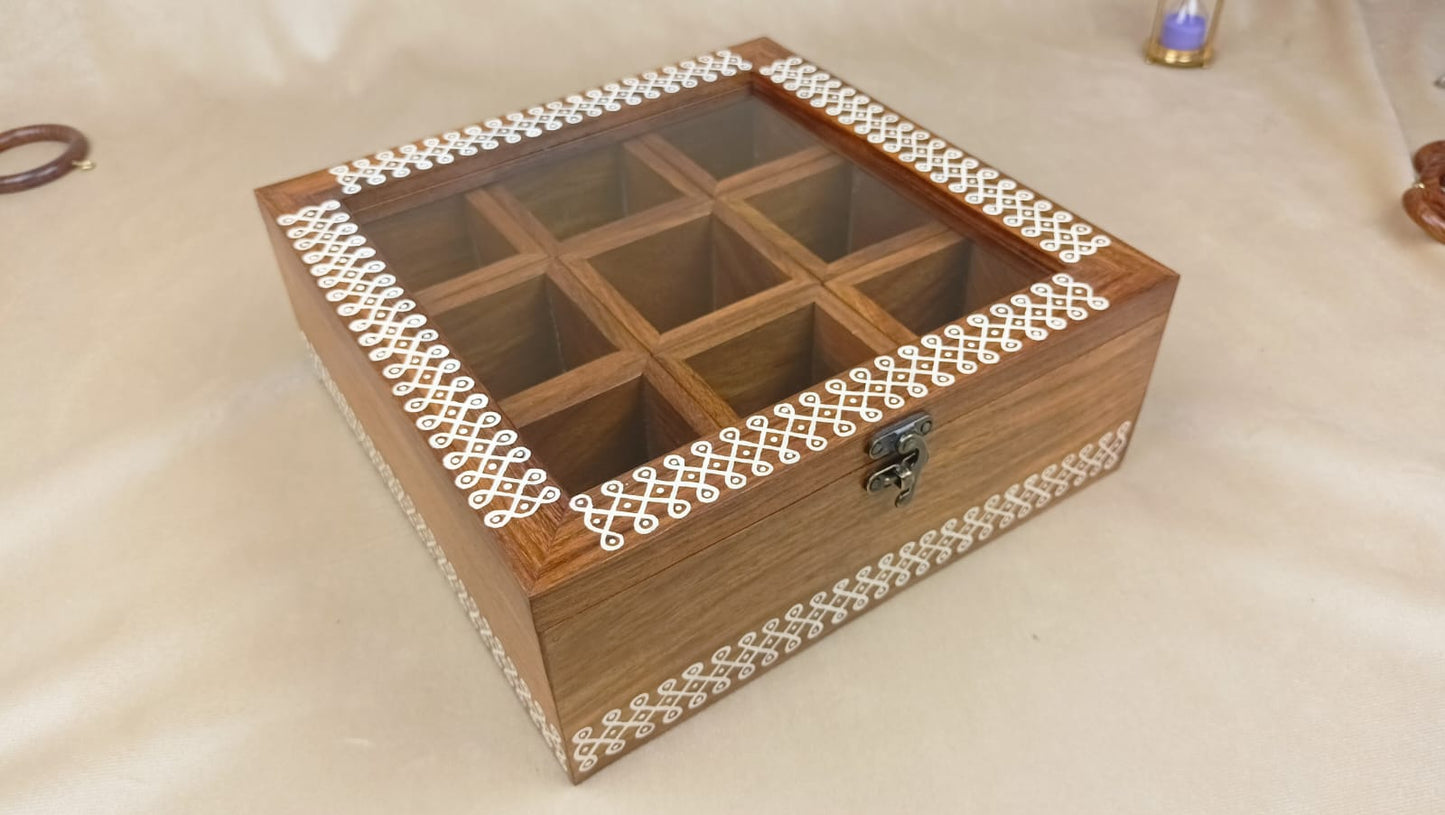 Handcrafted Sheesham Wood Spice Box - South Indian Kolam Inspired