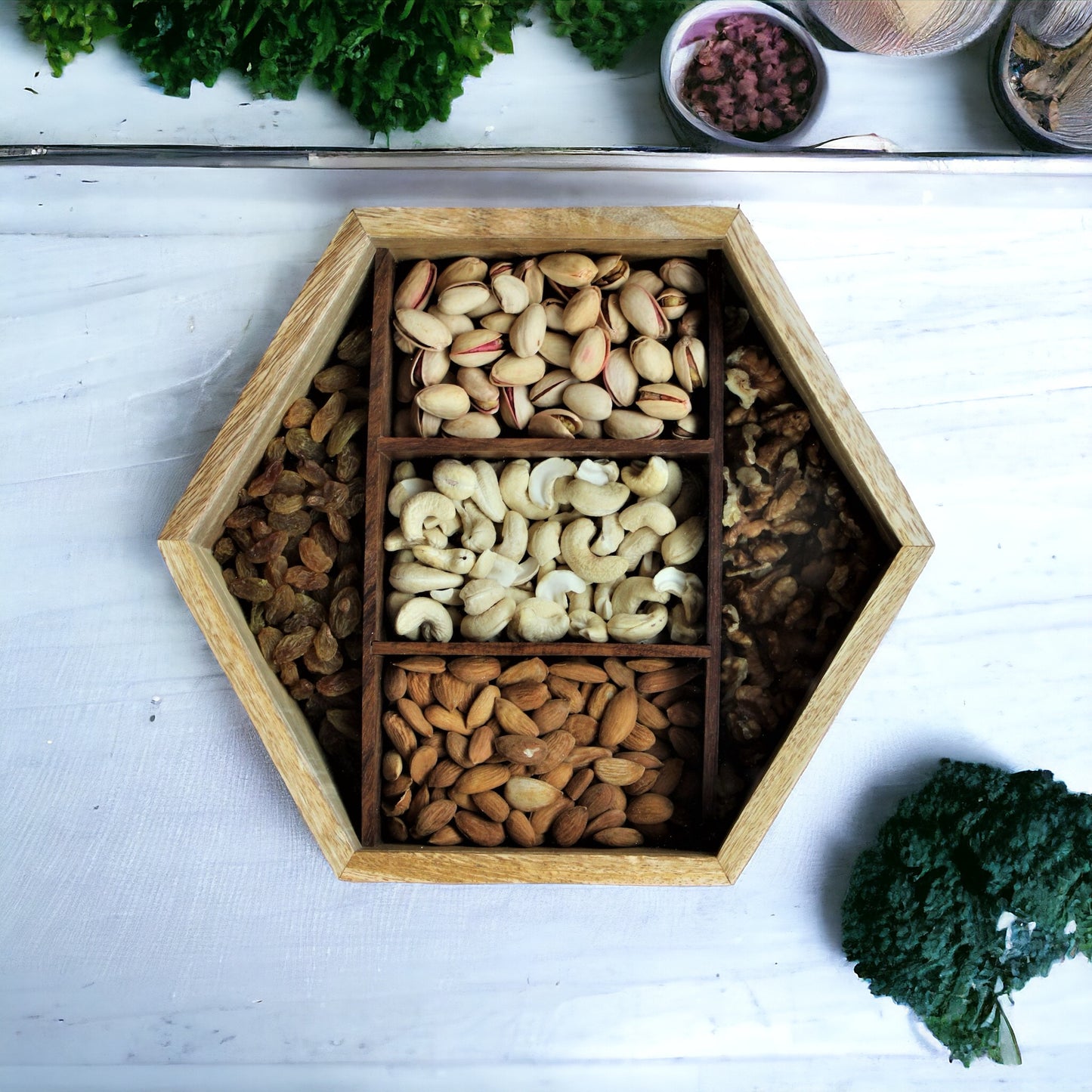 Handcrafted Sheesham & Mango Wood Dry Fruit / Dry Spice / Whole Spices Storage Box with Glass Top