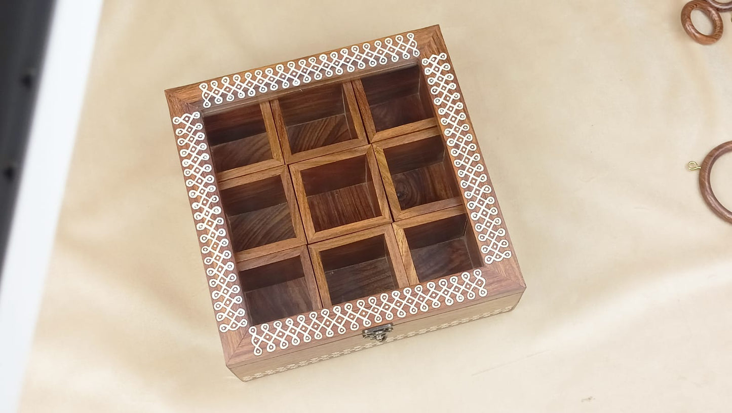 Handcrafted Sheesham Wood Spice Box - South Indian Kolam Inspired