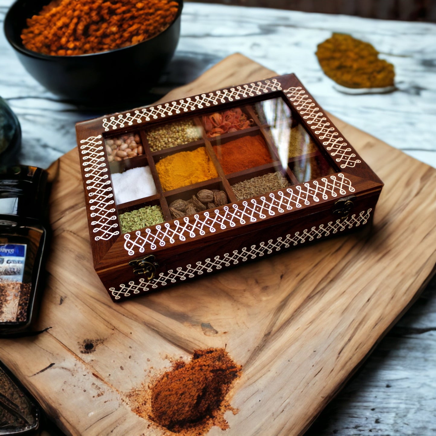 Kolam Inspired Hand Painted Sheesham Wood Spice Box