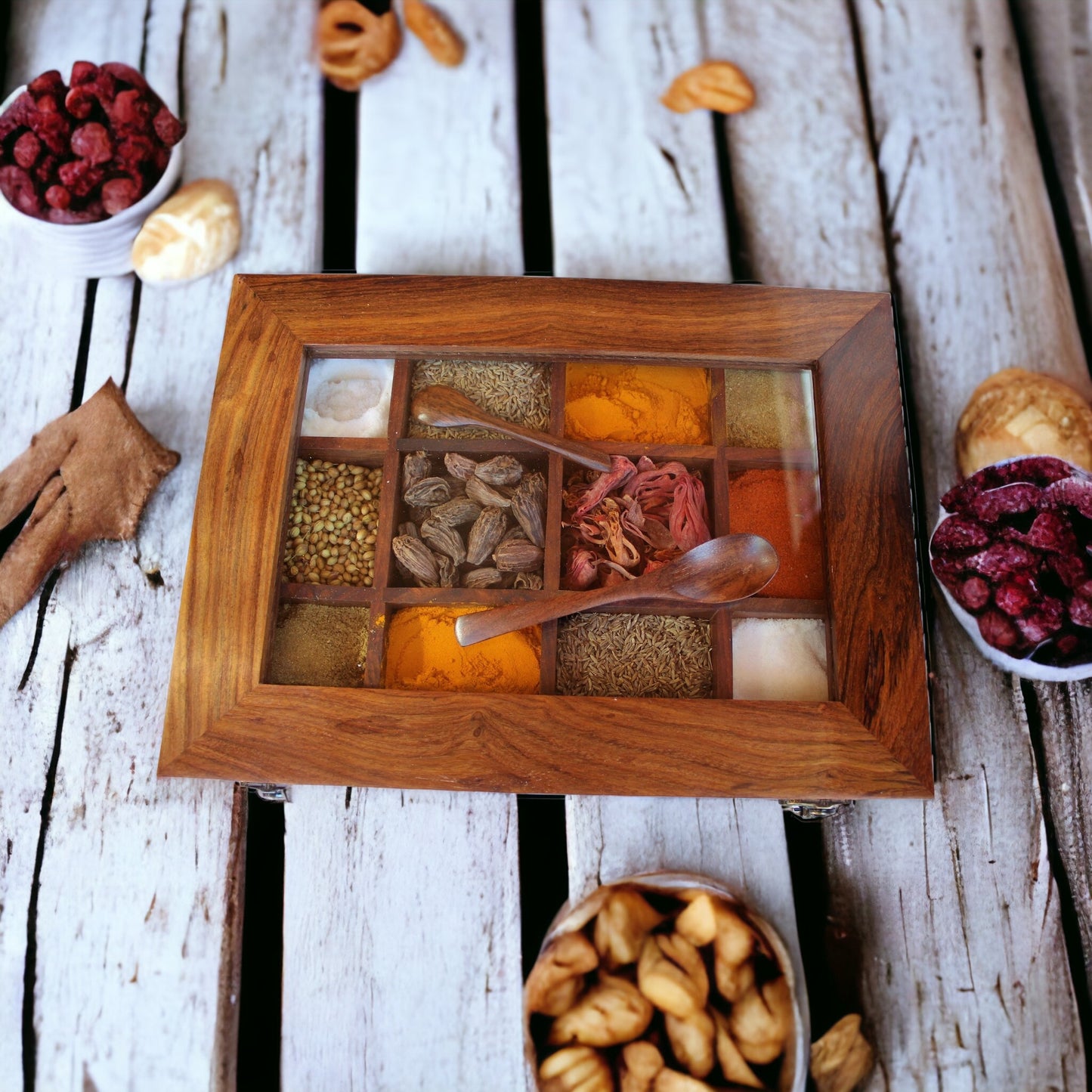 Handcrafted Sheesham/Rosewood Spice Box/Masala Dani with Glass Top & Wooden Spoon
