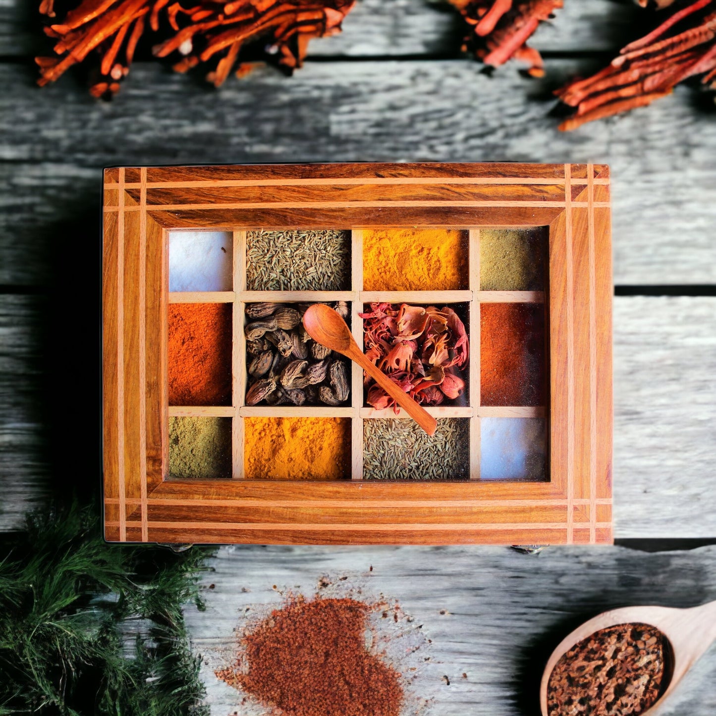 Handcrafted Sheesham/Indian Rosewood & Steamwich Spice Box/Masala Dani with Glass Top & Wooden Spoon 12 Partitions