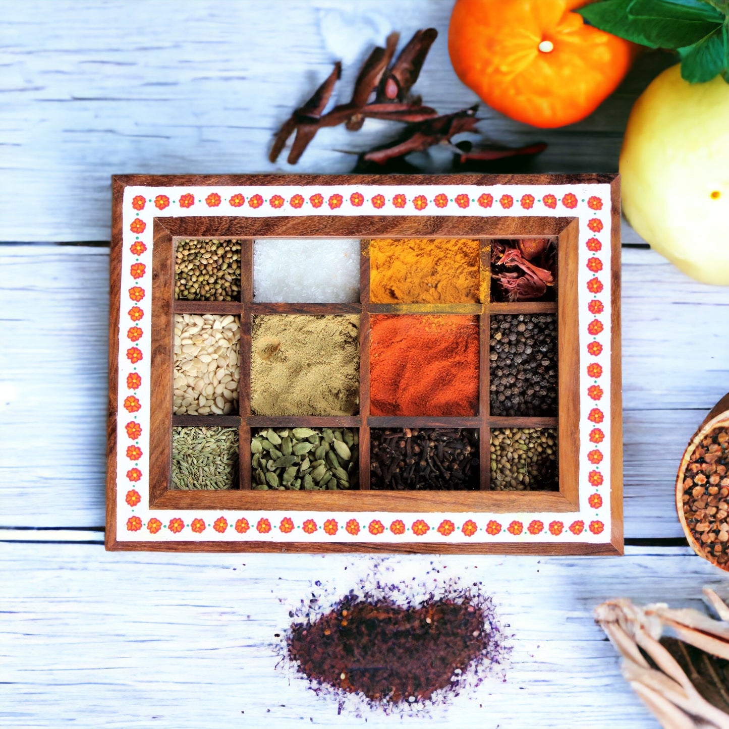 Hand Painted Sheesham Wood Spice Box (12 Partitions)