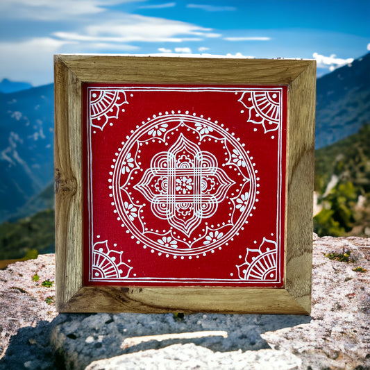 Aipan Inspired Hand Painted Canvas Framed in Sagon Wood