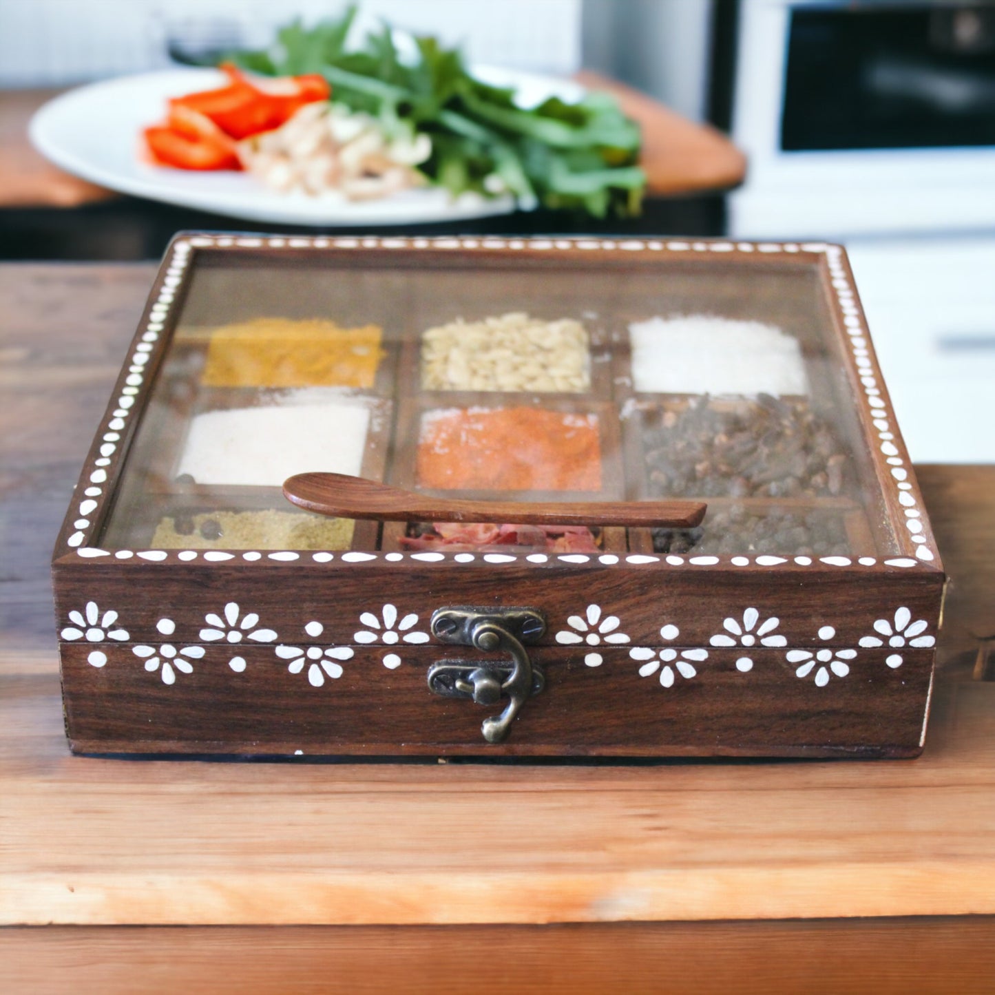 Handcrafted and Hand Painted Indian Rosewood Spice Box Sheesham Masala Dabba