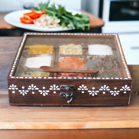 Handcrafted and Hand Painted Indian Rosewood Spice Box Sheesham Masala Dabba