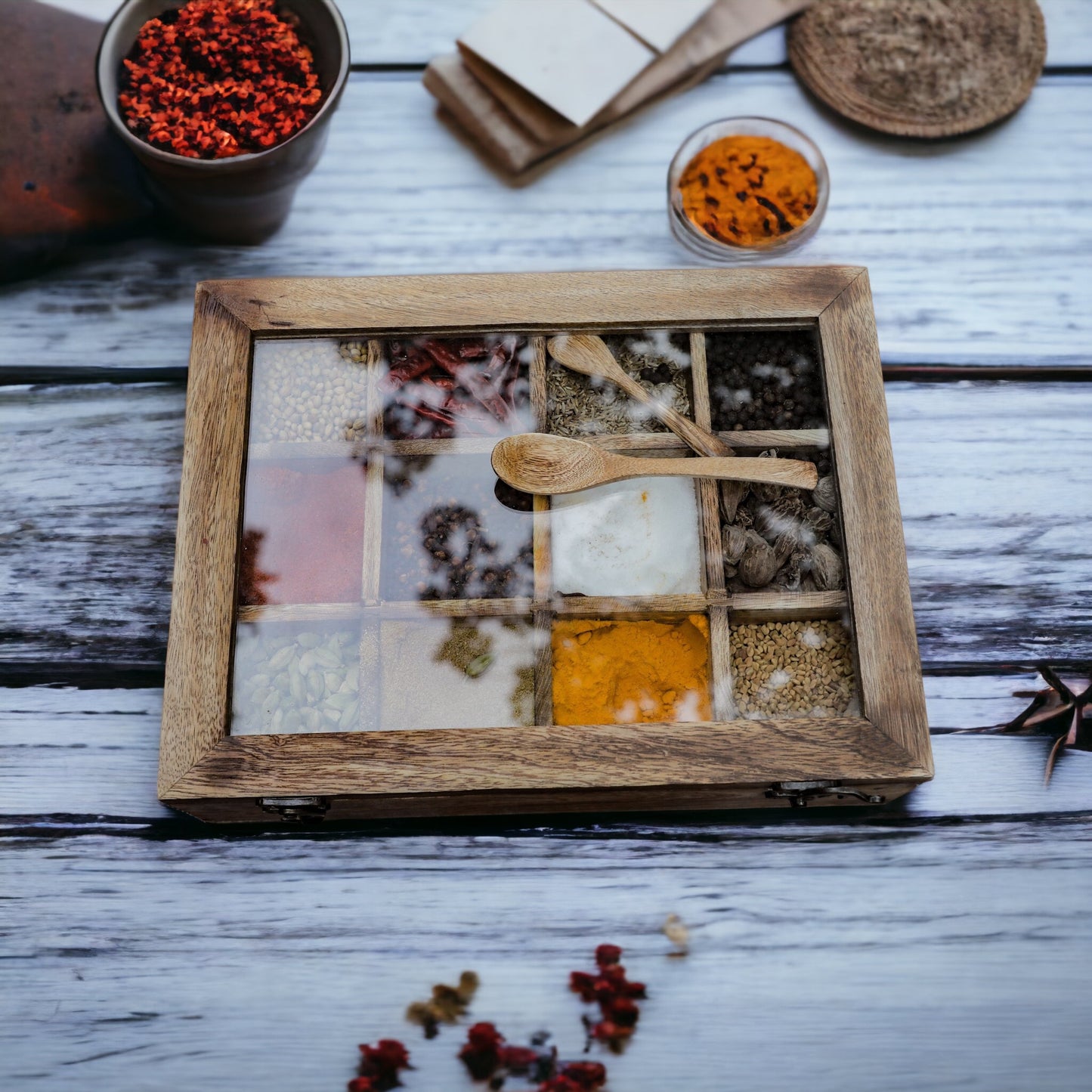 Wooden Spice Box / Masala Dabba with Glass Top