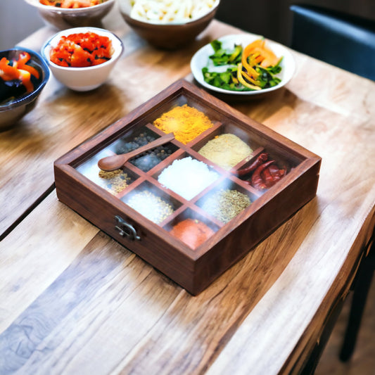 Indian Rosewood Spice Box / Masala Box with Glass Top