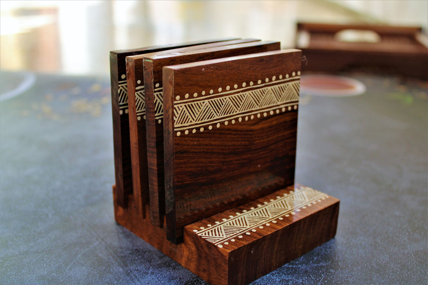 Aipan Inspired Hand Painted Coaster Set made of Sheesham Wood