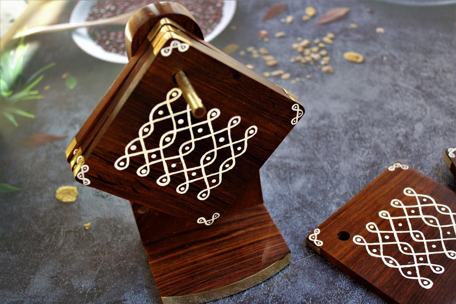 Sheesham wood hand painted kollam inspired coaster set