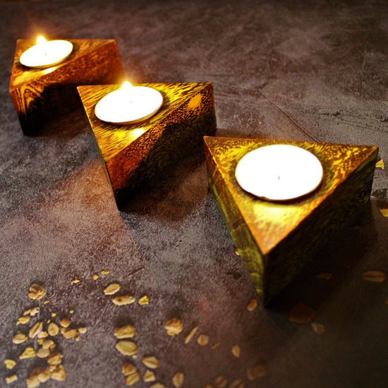 Tea Light Candle Holders Triangle Shaped Set of 3 Holders with Tea Light Candle Included.