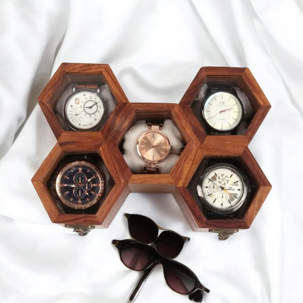 Handcrafted Wooden Honeycomb Design Storage Box for Watches / Spices / Tea Bags