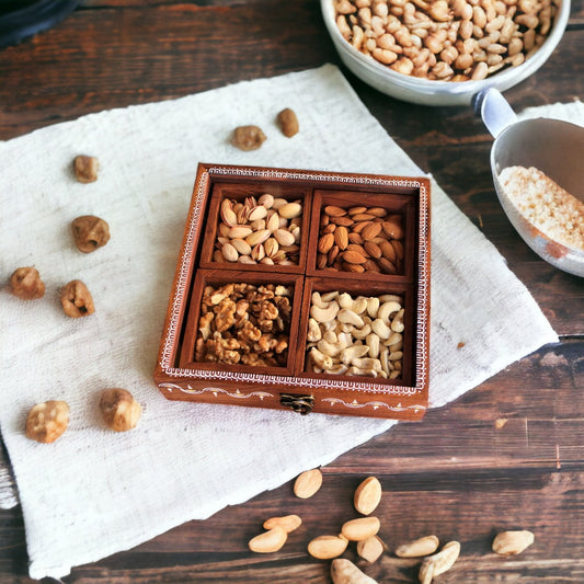 Hand Painted Rosewood Dry Fruit Box / Spice Box / Masala Box with Glass Top