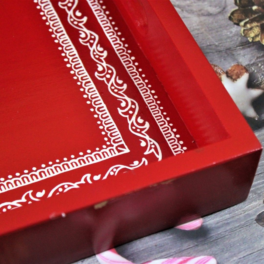 Traditional Aipan Inspired Hand Painted Wooden Serving Tray