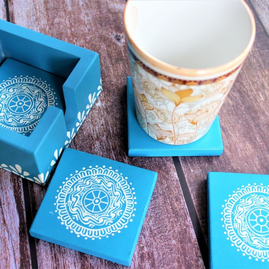 Wooden Coasters with Hand Painted Traditional Aipan Art (Square)