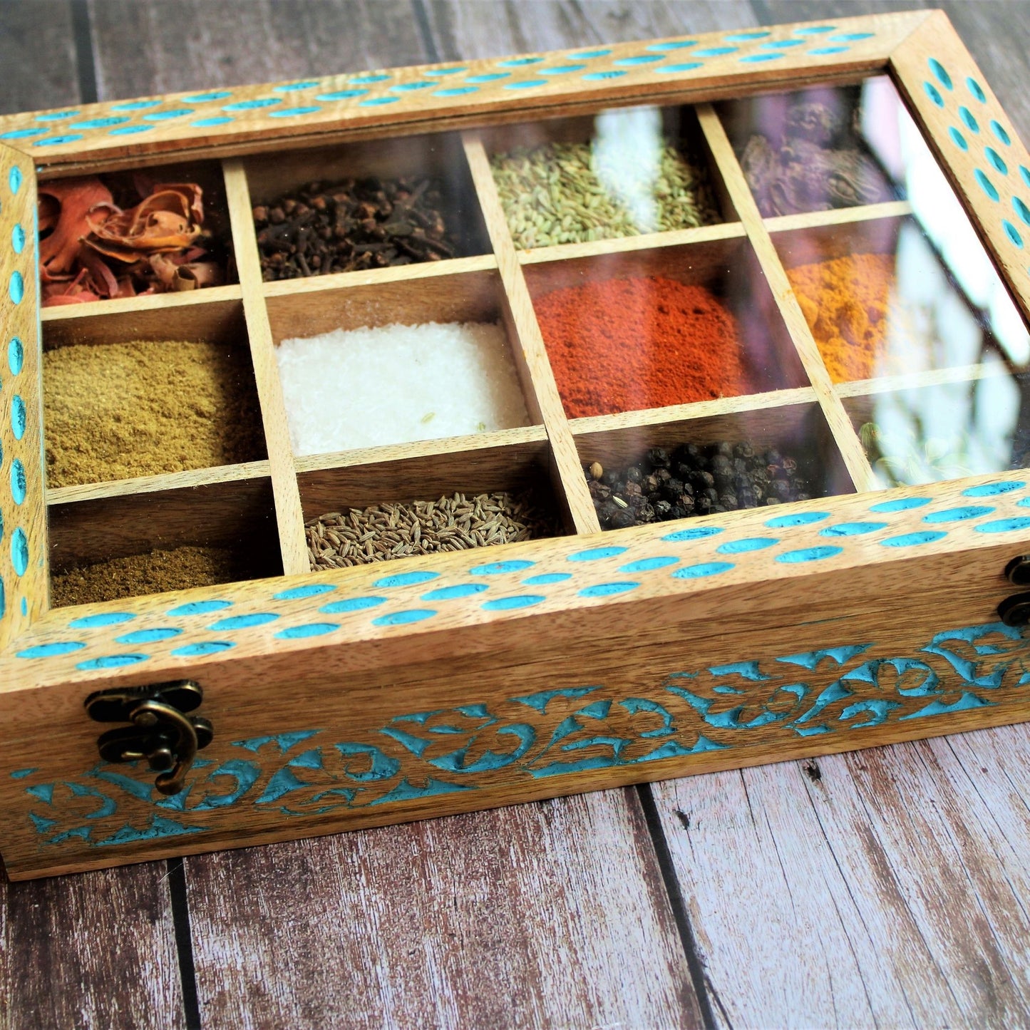 Wooden Spice Box / Masala Dabba with Glass Top
