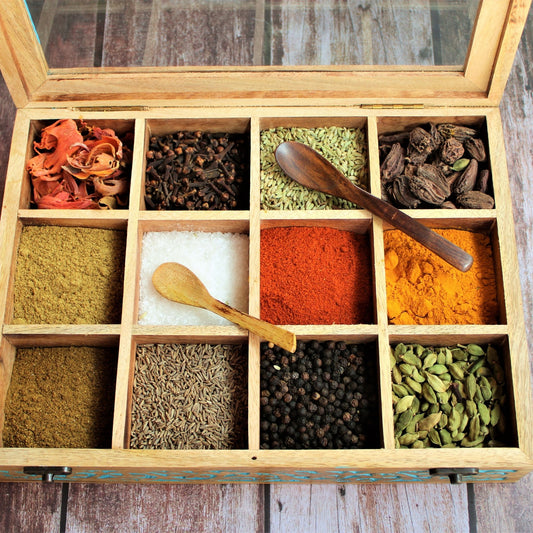 Wooden Spice Box / Masala Dabba with Glass Top