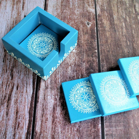 Wooden Coasters with Hand Painted Traditional Aipan Art (Square)