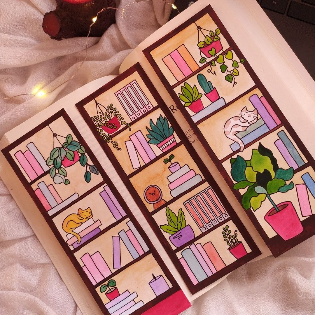 Bookmark and Book Tracker I'd rather be  reading colourful hand painted bookmark and book tracker