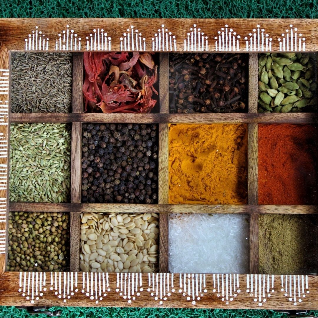 Mango Wood Spice Box with Aipan Inspired Painting. Twelve Large Partitions with Glass Top and Free wooden Spoons.