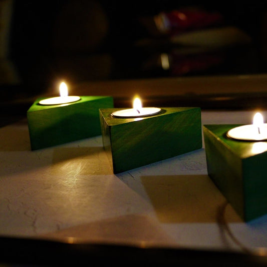 Handcrafted Wooden Teal Light Candle Holder (Set of 3) Triangle Shaped