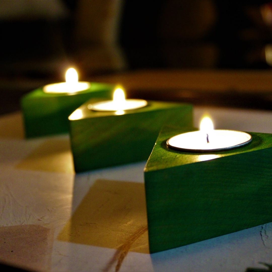Handcrafted Wooden Teal Light Candle Holder (Set of 3) Triangle Shaped
