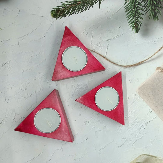 Handcrafted Wooden Teal Light Candle Holder (Set of 3) Triangle Shaped