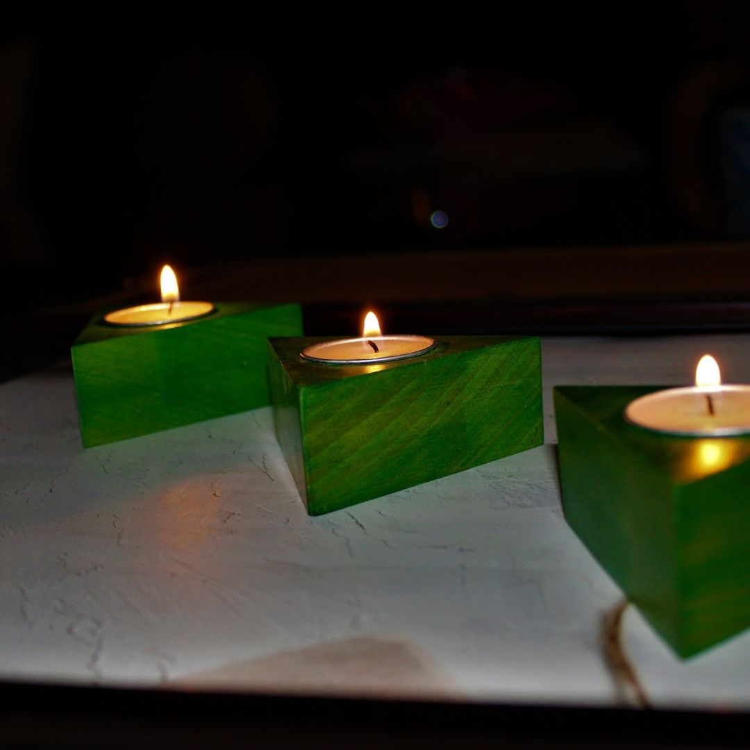 Handcrafted Wooden Teal Light Candle Holder (Set of 3) Triangle Shaped