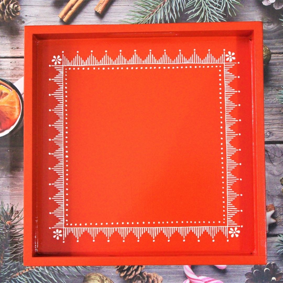 Traditional Aipan Inspired Hand Painted Wooden Serving Tray