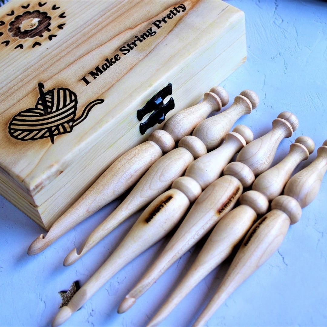 Handcrafted Maple Wood Crochet Hooks (Set of 6 Hooks, 4mm - 9mm) with a Beautiful Handmade Pinewood Box