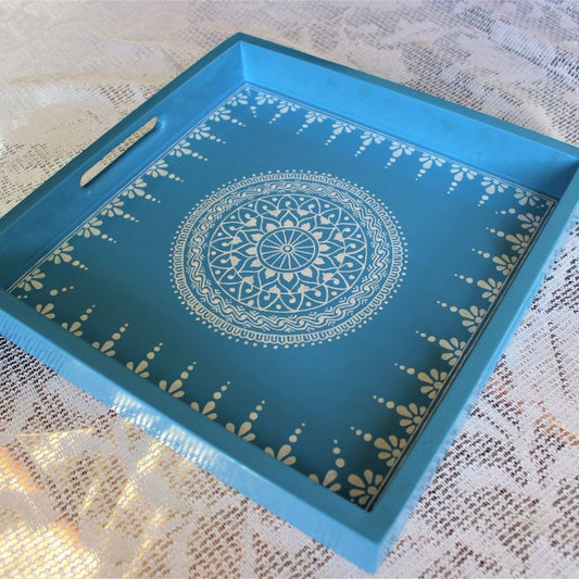 Traditional Aipan Inspired Hand Painted Wooden Serving Tray