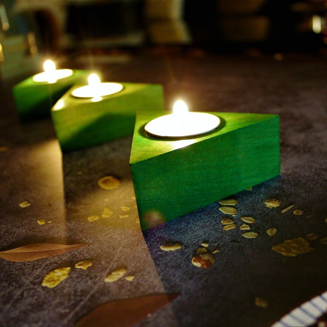 Handcrafted Wooden Teal Light Candle Holder (Set of 3) Triangle Shaped