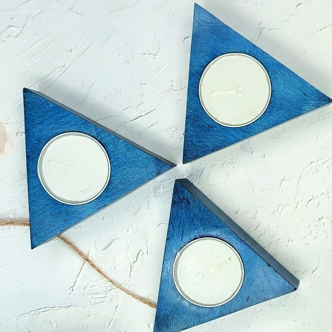 Handcrafted Wooden Teal Light Candle Holder (Set of 3) Triangle Shaped