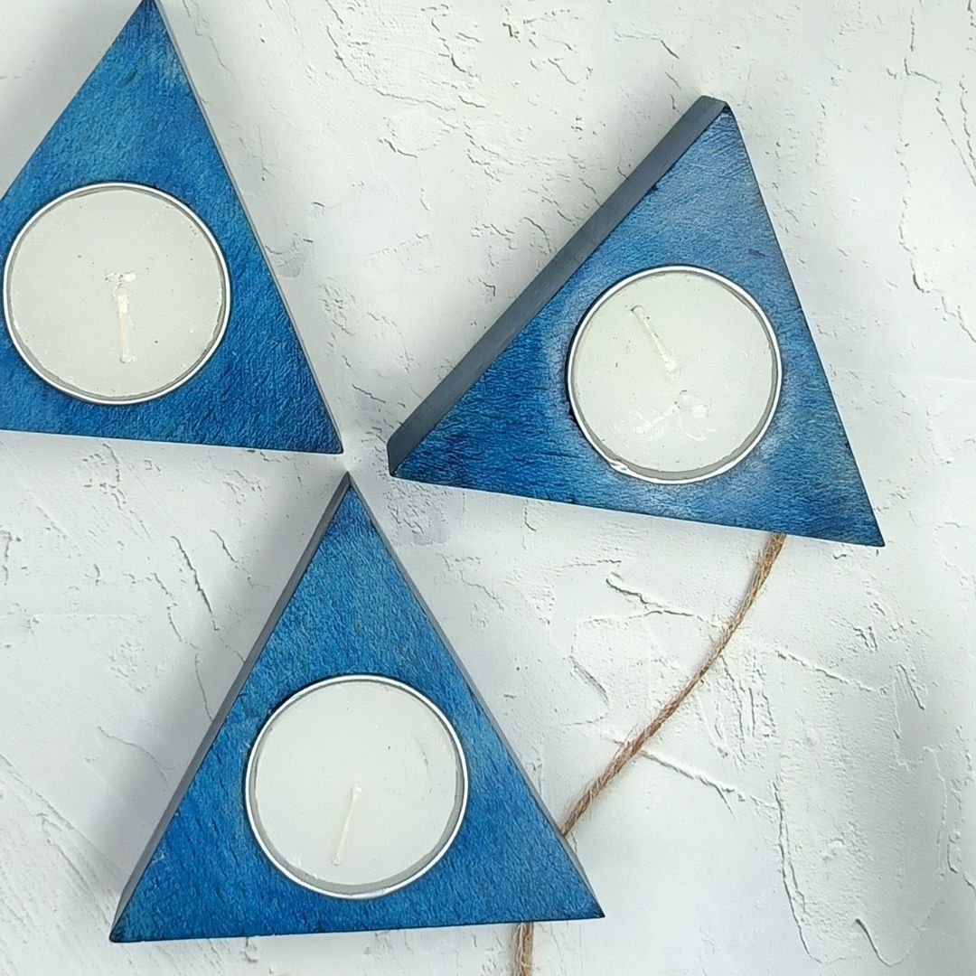 Handcrafted Wooden Teal Light Candle Holder (Set of 3) Triangle Shaped