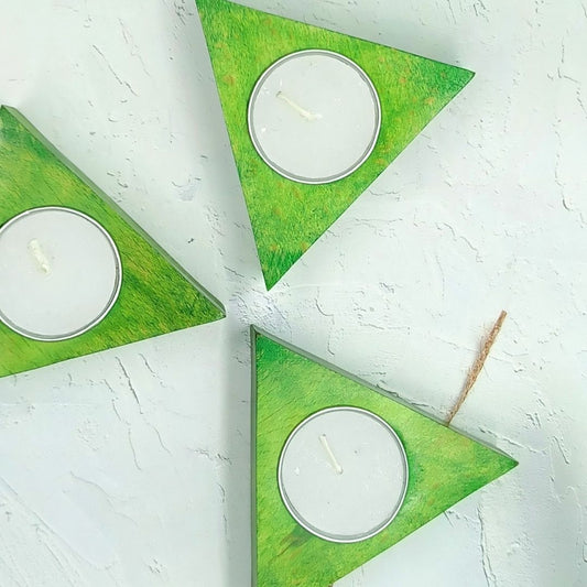 Handcrafted Wooden Teal Light Candle Holder (Set of 3) Triangle Shaped