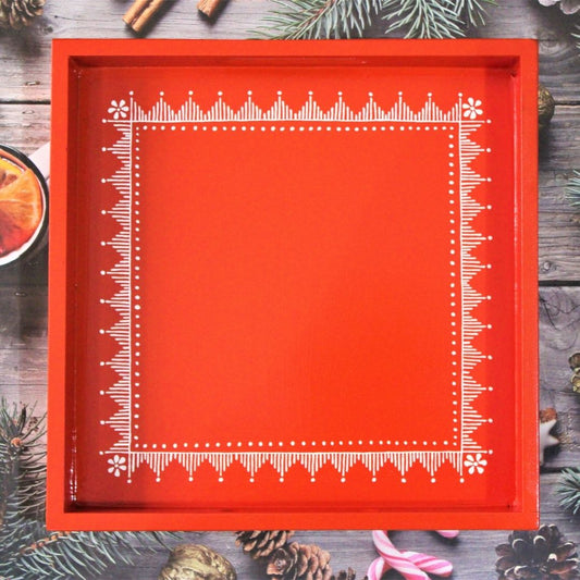 Traditional Aipan Inspired Hand Painted Wooden Serving Tray