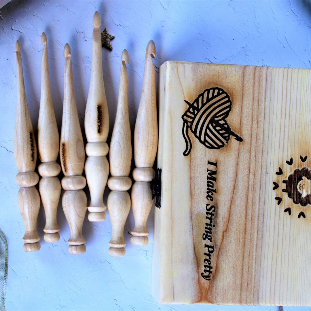 Handcrafted Maple Wood Crochet Hooks (Set of 6 Hooks, 4mm - 9mm) with a Beautiful Handmade Pinewood Box