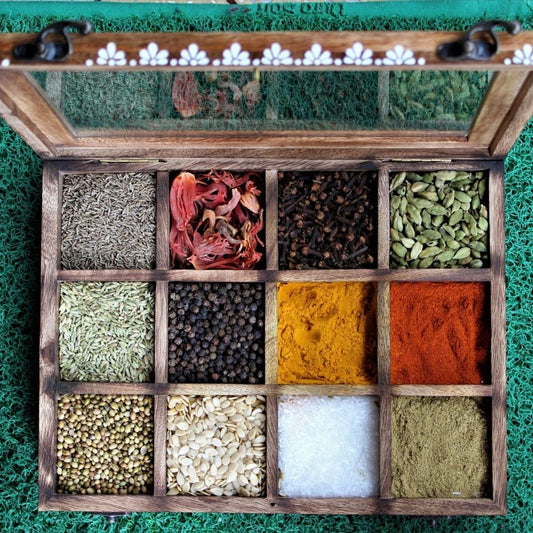 Mango Wood Spice Box with Aipan Inspired Painting. Twelve Large Partitions with Glass Top and Free wooden Spoons.