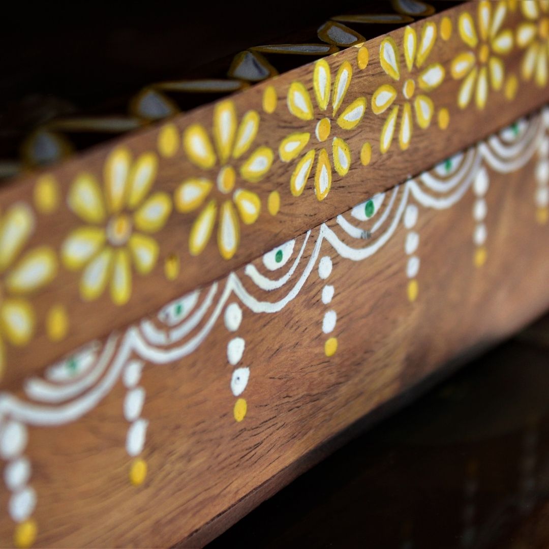Sheesham wood handcrafted and hand painted wooden spice box / masala dani with nine removable partitions.