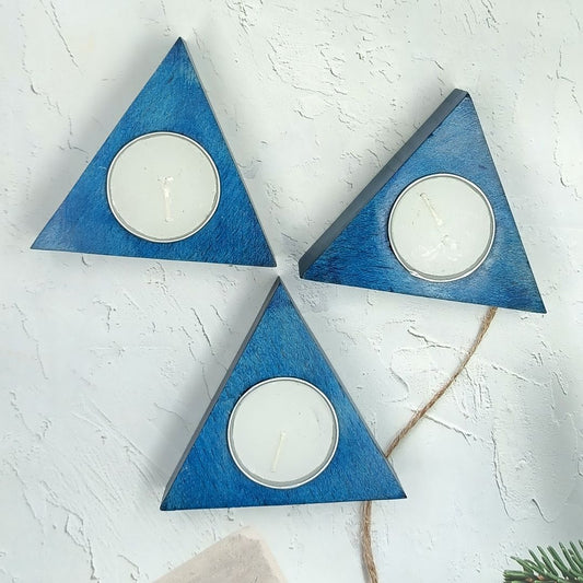 Handcrafted Wooden Teal Light Candle Holder (Set of 3) Triangle Shaped