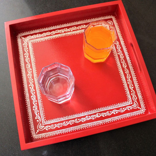 Traditional Aipan Inspired Hand Painted Wooden Serving Tray