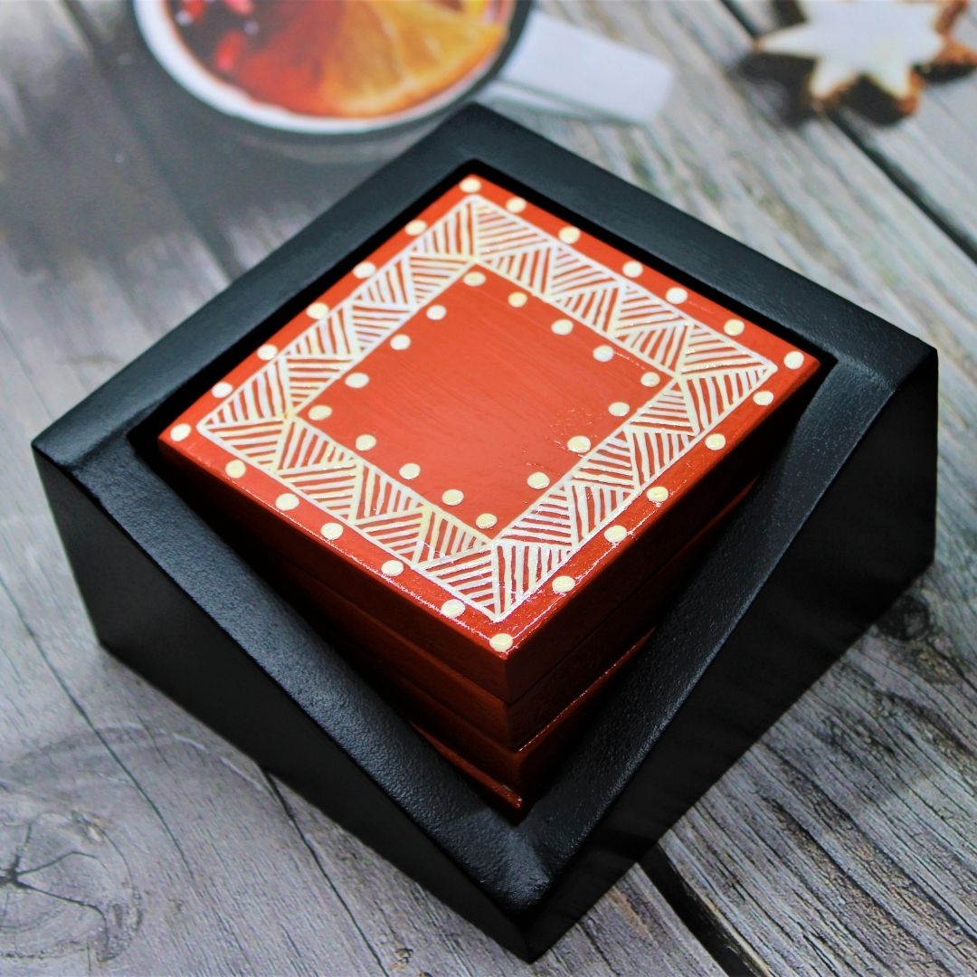 Wooden Coasters with Hand Painted Traditional Aipan Art Square