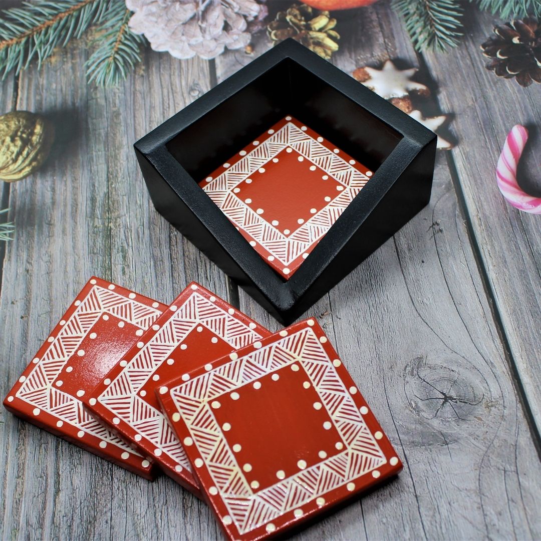 Wooden Coasters with Hand Painted Traditional Aipan Art (Square)