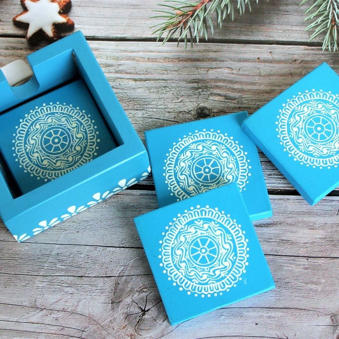 Wooden Coasters with Hand Painted Traditional Aipan Art (Square)
