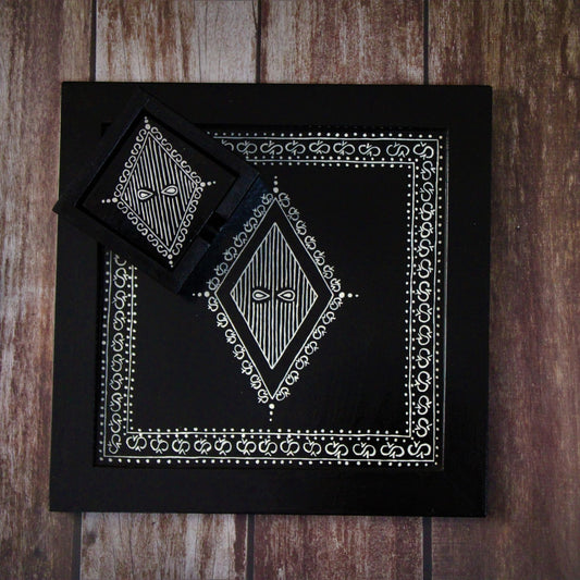 Traditional Aipan Inspired Hand Painted Wooden Serving Tray with Coaster Set