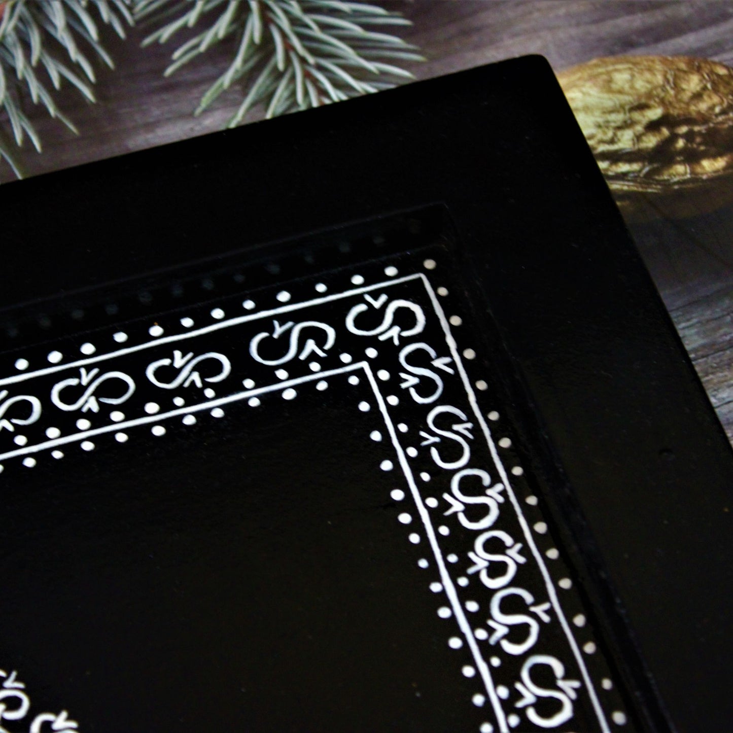 Traditional Aipan Inspired Hand Painted Wooden Serving Tray with Coaster Set