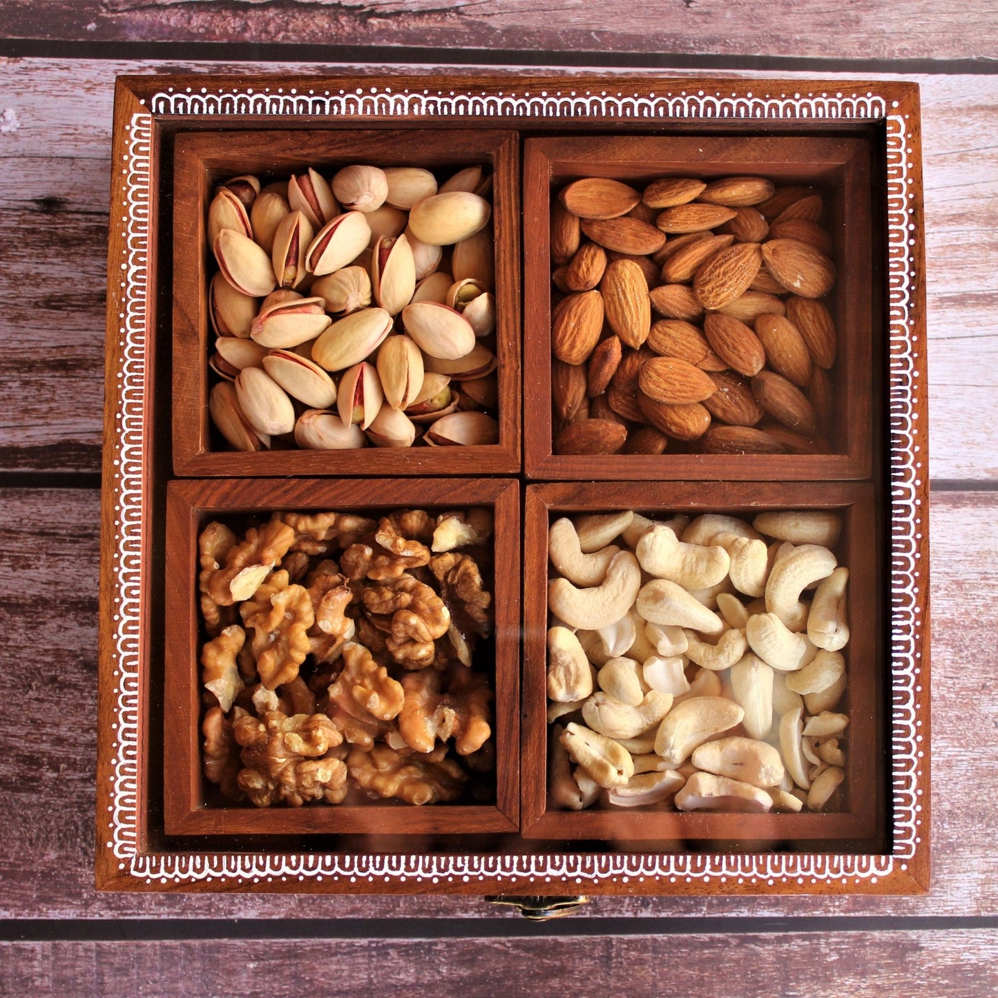 Sheesham Wood Indian Rosewood Dry Fruit Storage box with Four Removable Partitions and Free Wooden Spoon and Glass Top